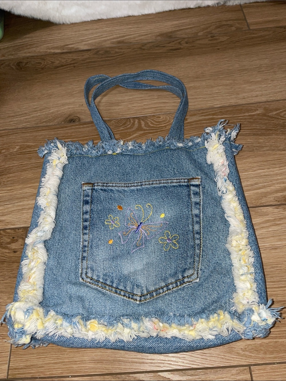 Handmade Upcycled Denim Jean Tote Bag with Embroidered Pocket